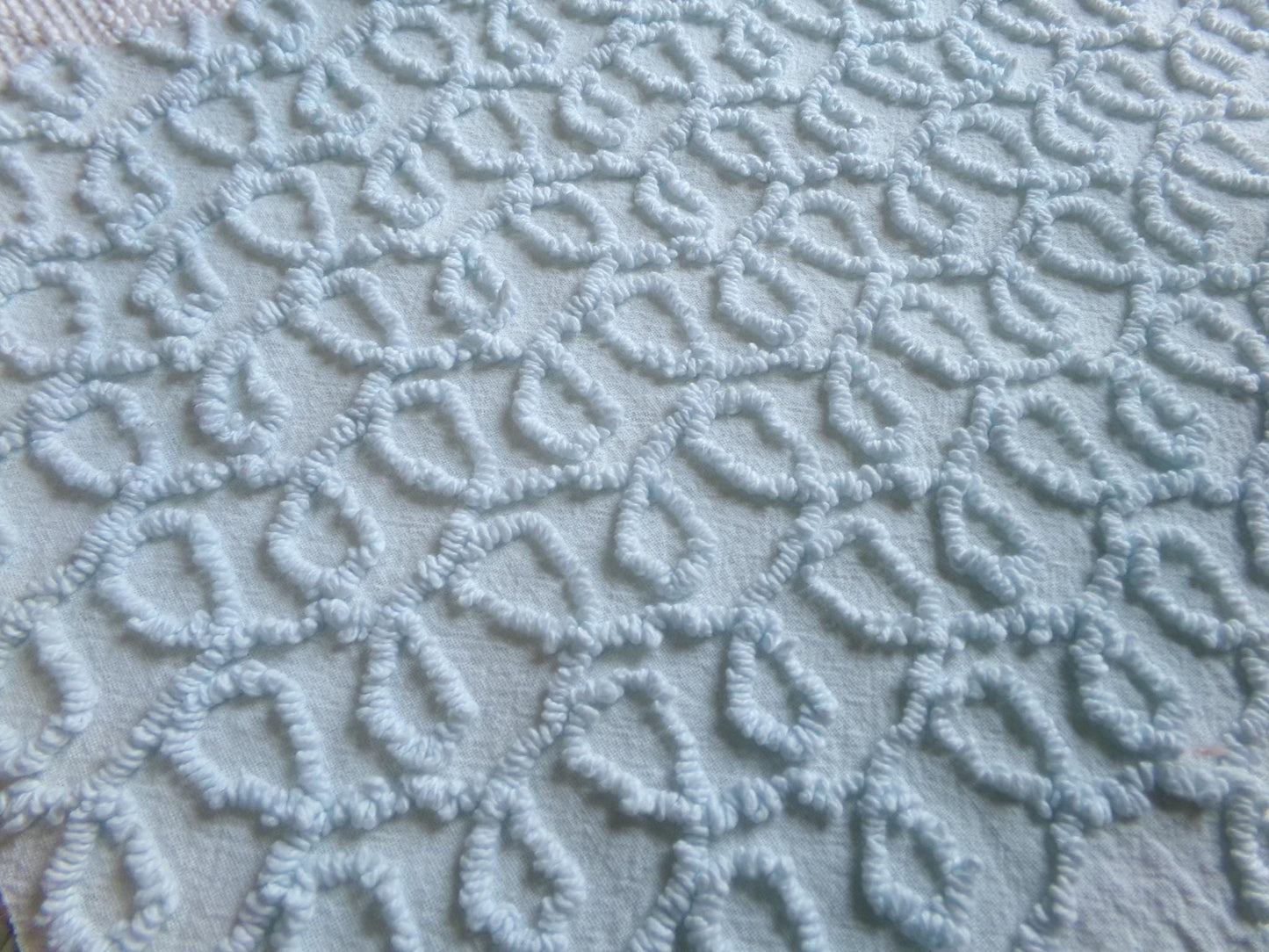 blue curly loops vintage chenille fabric, texturized unique needletuft pattern, 18" x 24" piece for quilts, fiber arts, sewing