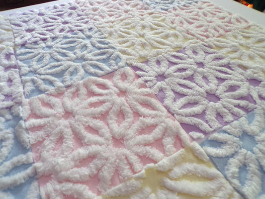 Rainbow Pastel Daisy Quilt Squares Set, Fluffy & Plush, from Vintage Chenille Bedspread Fabric, 16 Blocks, 6" x 6" inch
