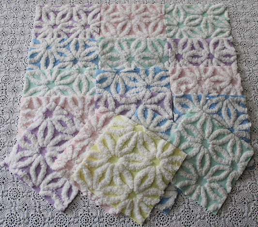 pastel daisy vintage chenille fabric squares, rainbow colors of pink, blue, yellow, aqua & lilac, set of 17 colorful 6" cotton quilt blocks