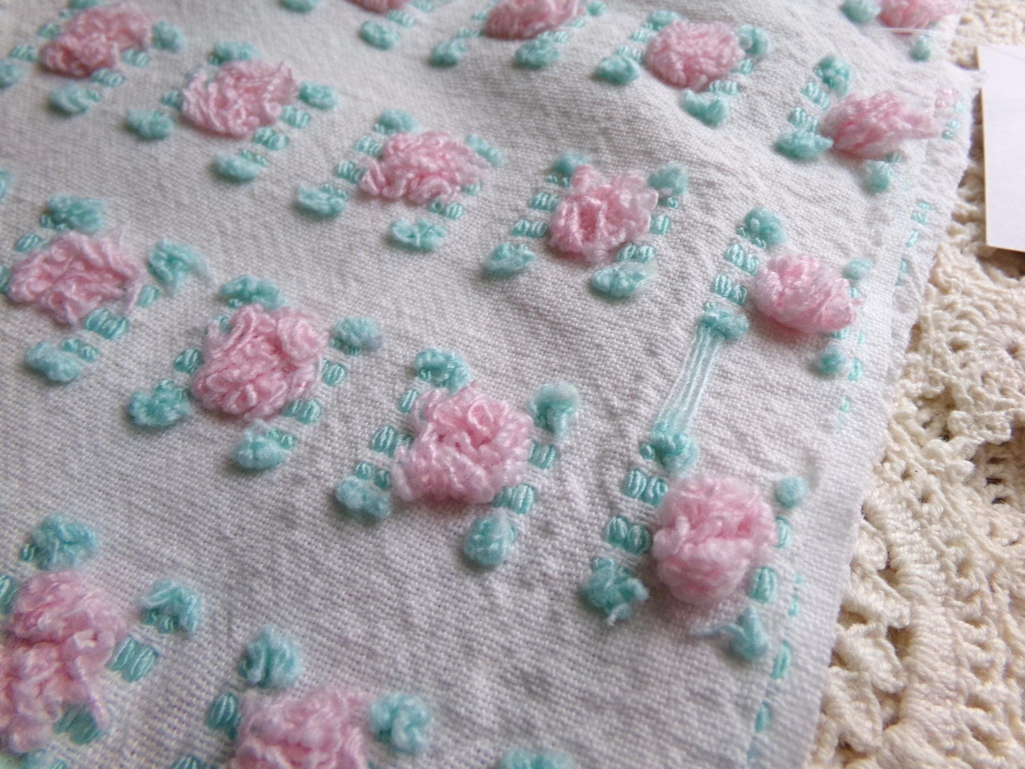 favorite pink rosebud vintage chenille fabric, cottage style sewing & quilt material, 18" x 24" inch piece