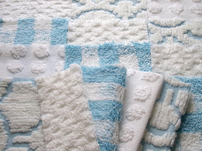 country gal chenille fabric squares, 16 vintage 6" quilt blocks in cool blue & white, for sewing, crafts, fiber arts