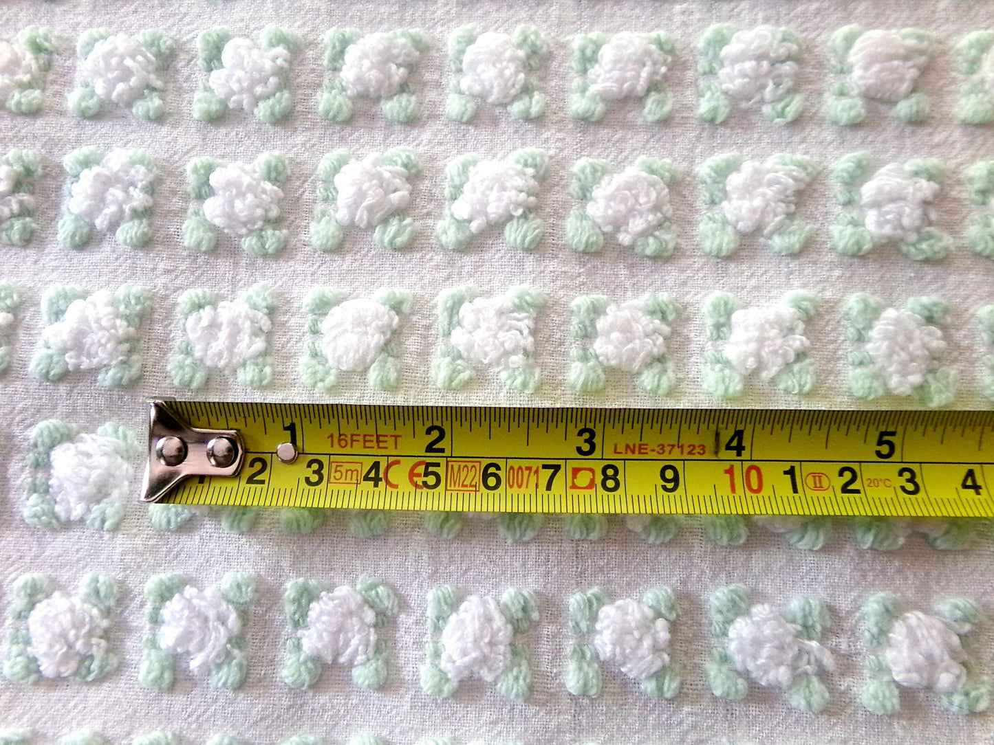Plump White Rosebuds Vintage Chenille Fabric, 19" x 25" Piece, Beautiful Roses with Mint Green Leaves