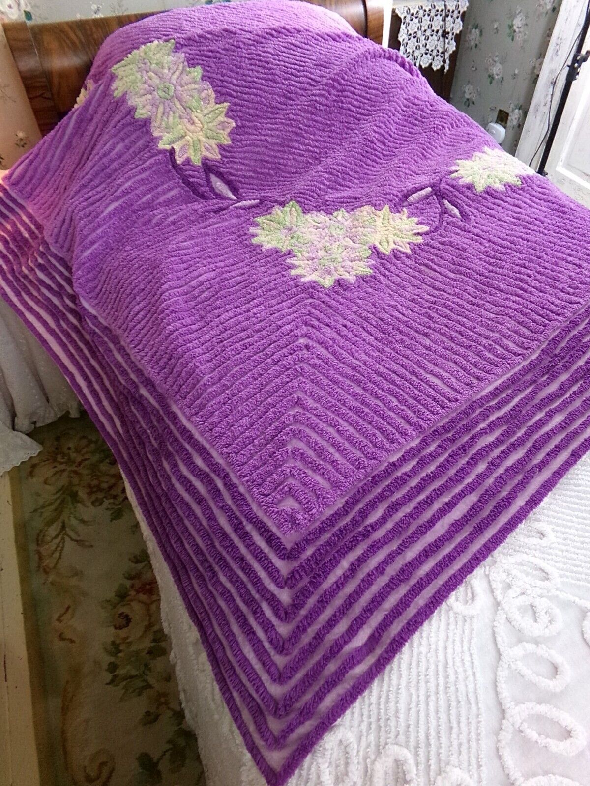 Plush Purple Passion Vintage Chenille Bedspread, Green Lily Floral Full Size Bedding
