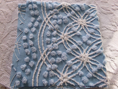 cottage coastal chic fabric, 22" x 24" inch piece cut from vintage chenille bedspread, needletuft white wedding rings with overtufted pops
