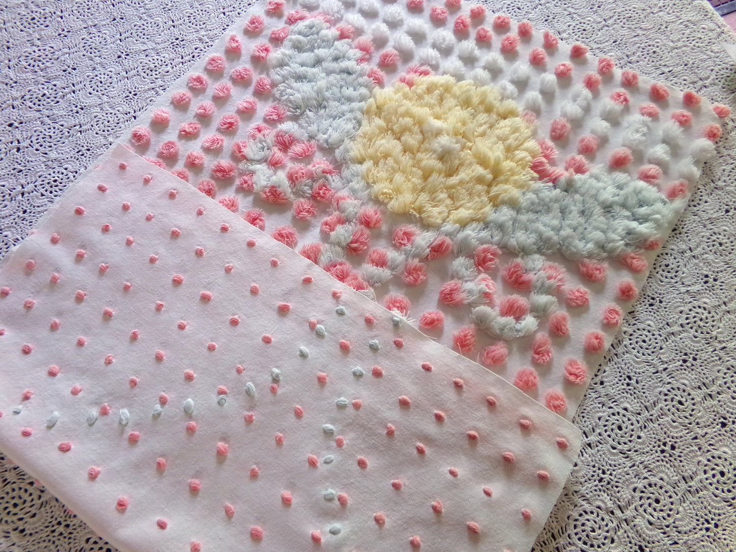Precious Pink Pops Vintage Chenille Fabric, 15" x 28" Inch Piece, 100% Cotton, Antique Handtufted Plush Flower, Great for DIY Pillows