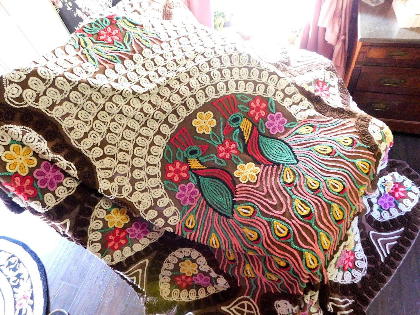 Iconic Vintage Peacock Chenille Bedspread, Rainbow Lovebirds & Hearts, FULL Size