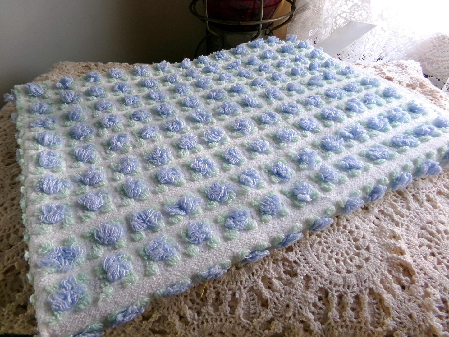 Heavenly Blue Rosebud Vintage Chenille Fabric, Morgan Jones Rose Design, 24" x 18" inch Piece, Angelic Raised Roses on White