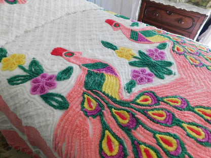 Popular Pink Peacock Vintage Chenille Bedspread, Full Size Boho Glam Bedding