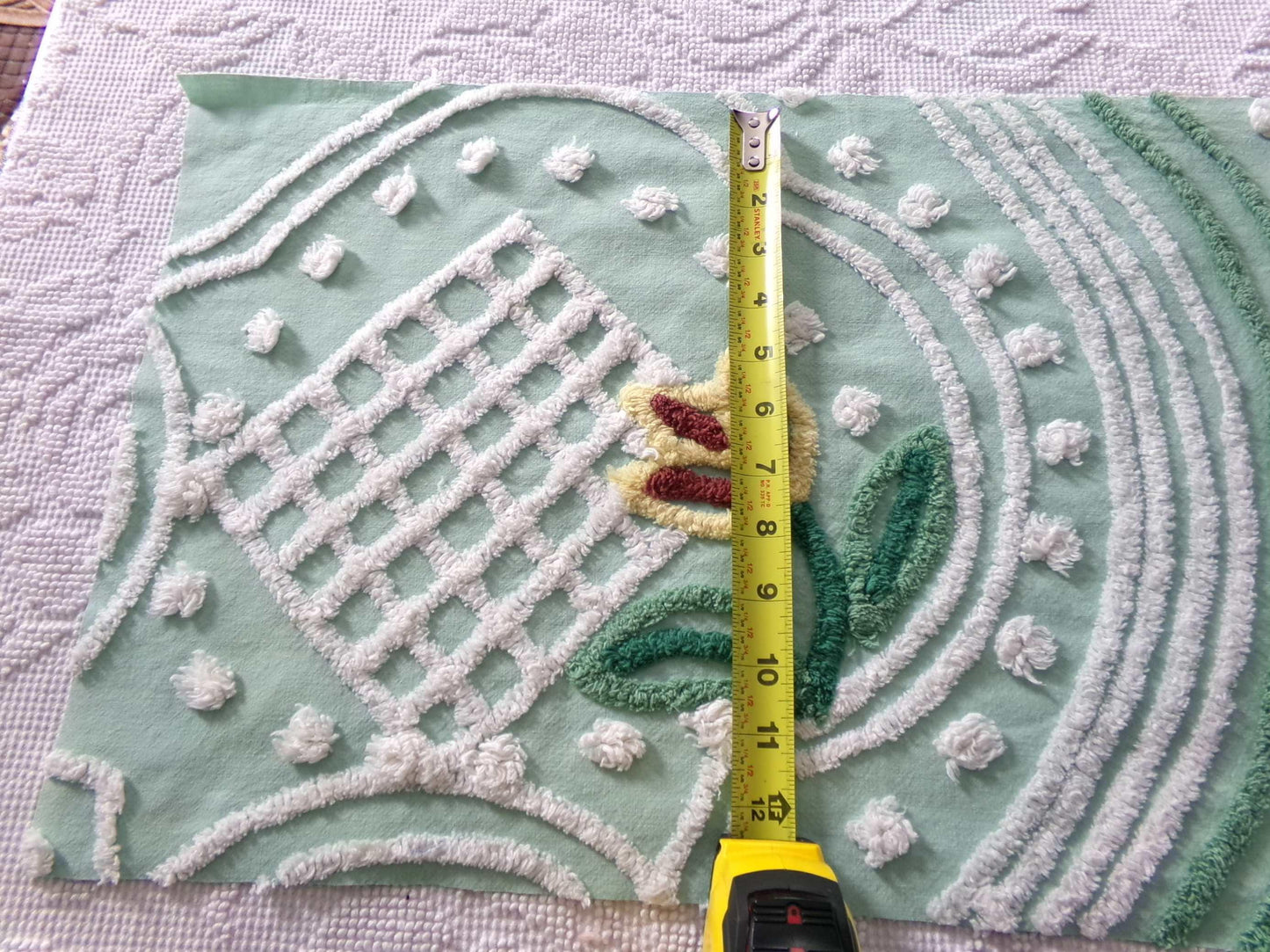 cutest springtime tulip vintage fabric, 13" x 23" inch piece cut from a chenille bedspread, mint green floral sewing material