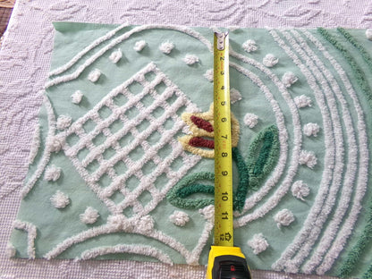 cutest springtime tulip vintage fabric, 13" x 23" inch piece cut from a chenille bedspread, mint green floral sewing material
