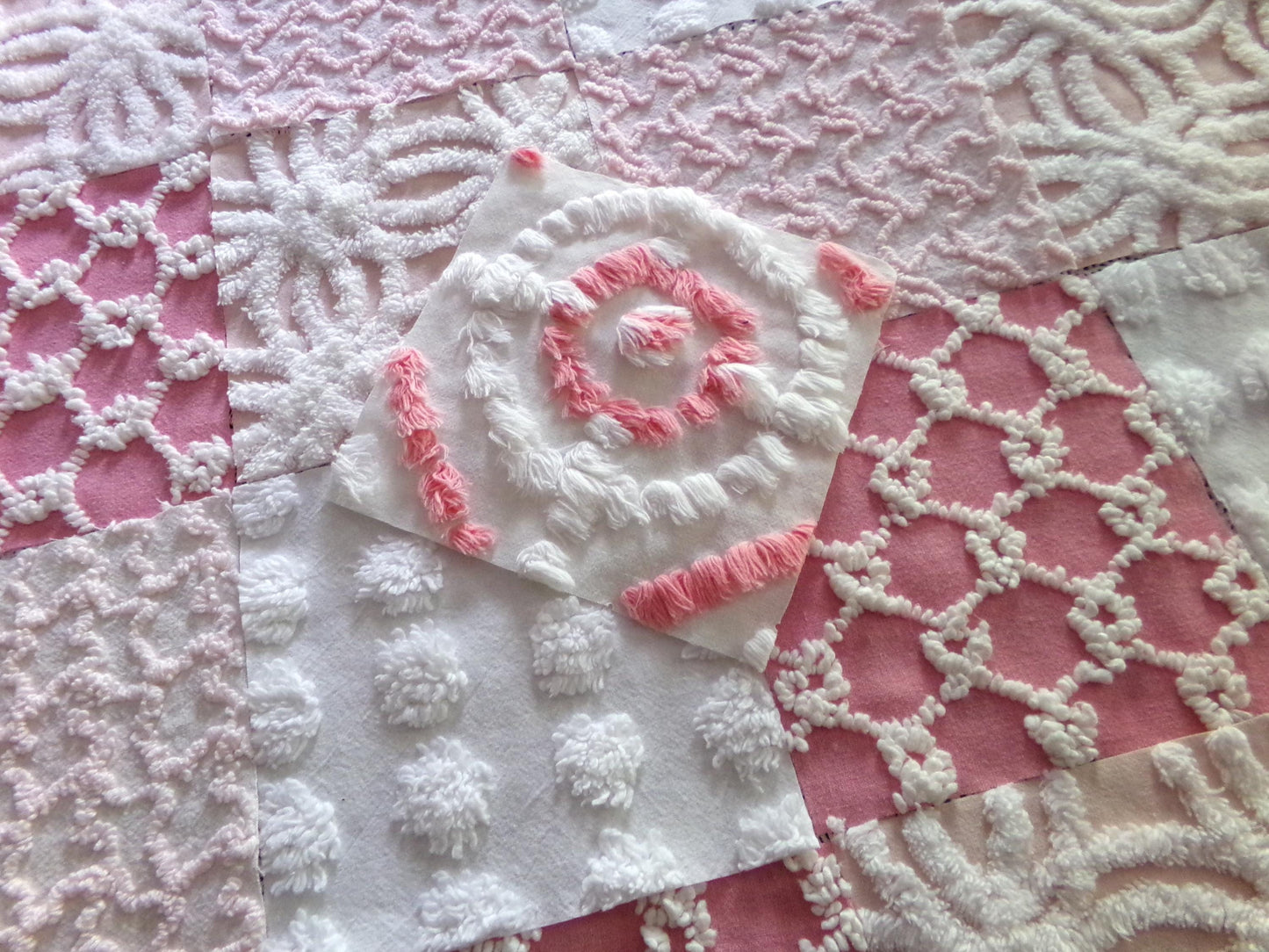 Spunky Pink Quilt Squares Set from Vintage Chenille Bedspread Fabric, 17 Blocks, 6" x 6" inch