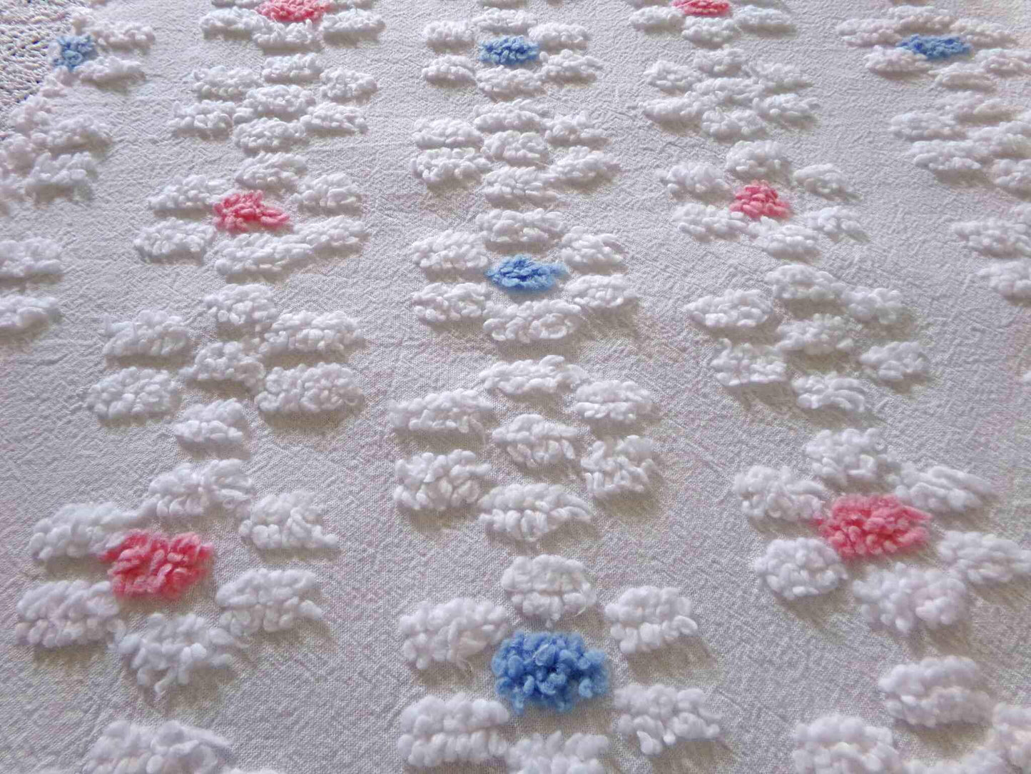 Cute Vintage Style Chenille Fabric, Y2K Daisy Pattern in White, Pink & Blue, 18" x 24" inch Piece, 100% Lightweight Cotton