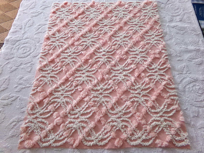 infinity tuft fabric textured pink & white, 18" x 24" piece from a vintage chenille bedspread, popular sewing quilt material