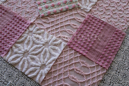 Prettiest Pink Quilt Squares, Daisy Rose Craft Square Set from Vintage Chenille Bedspread Fabric, 17 Blocks, 6" x 6" inch