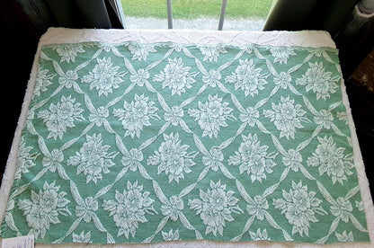 shabby cottage jade rose woven fabric, reversible sewing material from vintage bates bedspread, 20" x 30" piece for pillows, quilting