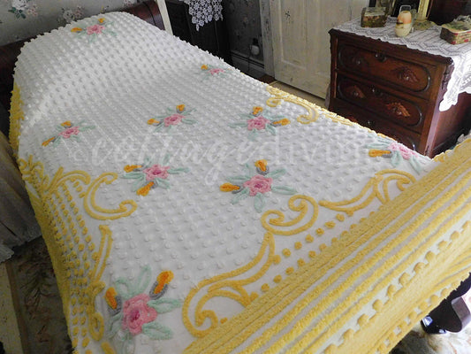 Vintage Chenille Bedspread in White with Sunrise Gold Wildflower Floral Dots Design, Twin Bed Size, 100% Cotton Cottage Style Bedding