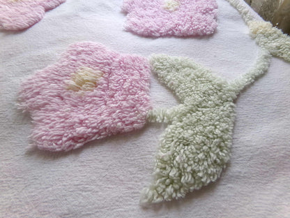 Pink Floral Blooms Vintage Style Chenille Fabric, Lovely Plush Flowers on White Cotton, 21" x 34" inch Piece