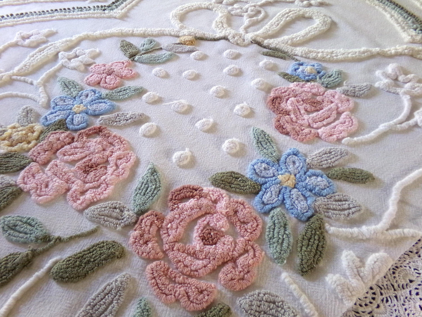 Romantic Cottage Chic Vintage Chenille Fabric, 28" x 26" Piece, Needletuft Floral Wreath Ivy Bow, for Quilting, Sewing, Fiber Arts, Crafts