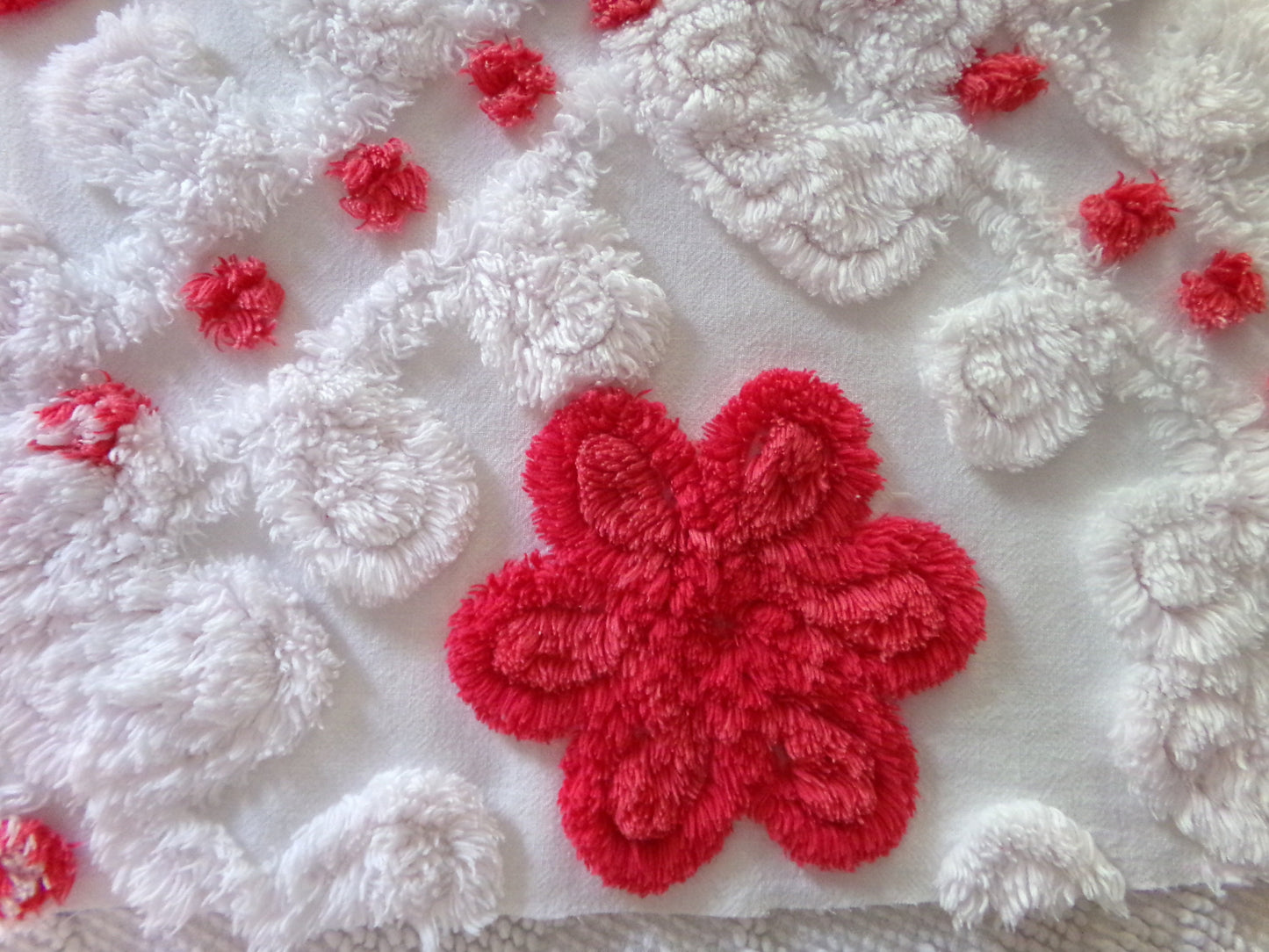 Sweet & Shabby Red Flowers Vintage Chenille Fabric, 16" x 20" Inch Piece, Frosty White Plush Swirls, Fun in Festive Crafts