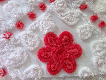 Sweet & Shabby Red Flowers Vintage Chenille Fabric, 16" x 20" Inch Piece, Frosty White Plush Swirls, Fun in Festive Crafts