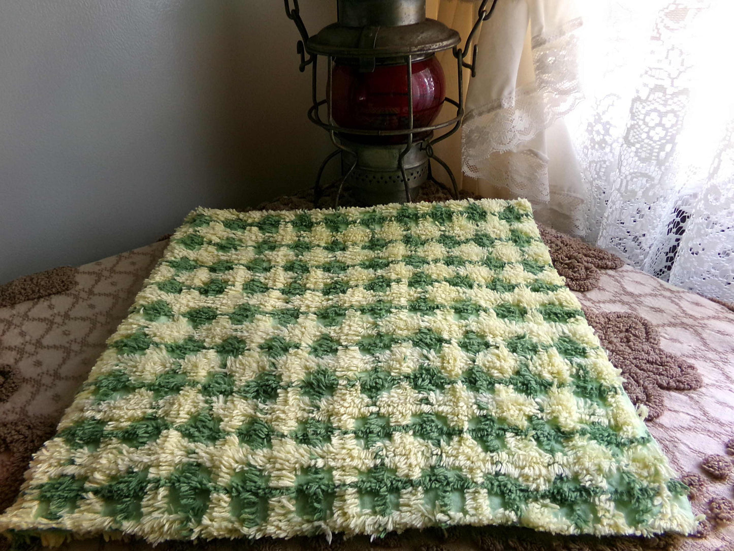 Cheerful Green & Yellow Plaid Vintage Chenille Fabric, 21" x 23" inch Piece, Soft Cotton Blend