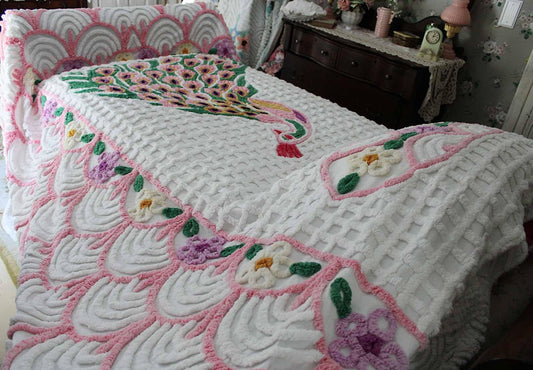 Iconic Peacock Vintage Chenille Bedspread, Elaborate Pink & White Shell Scroll Floral Design, Full Size, 100% Cotton