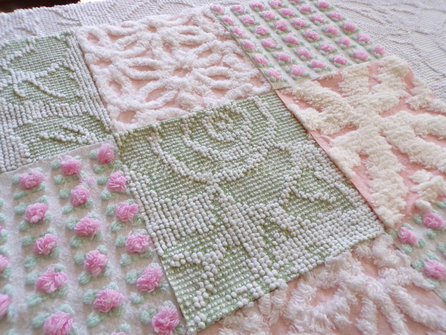 pink & green chenille fabric squares, set of 16 vintage quilt blocks 6" each, popular spring daisy, rosebud and hobnail patterns