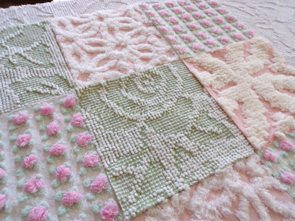 pink & green chenille fabric squares, set of 16 vintage quilt blocks 6" each, popular spring daisy, rosebud and hobnail patterns