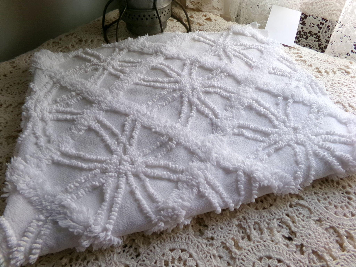 classy white chenille fabric, 3D windowpane webbing design, 20" x 25" inch piece of vintage sewing quilt material, versatile cool neutral