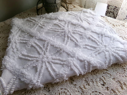 classy white chenille fabric, 3D windowpane webbing design, 20" x 25" inch piece of vintage sewing quilt material, versatile cool neutral