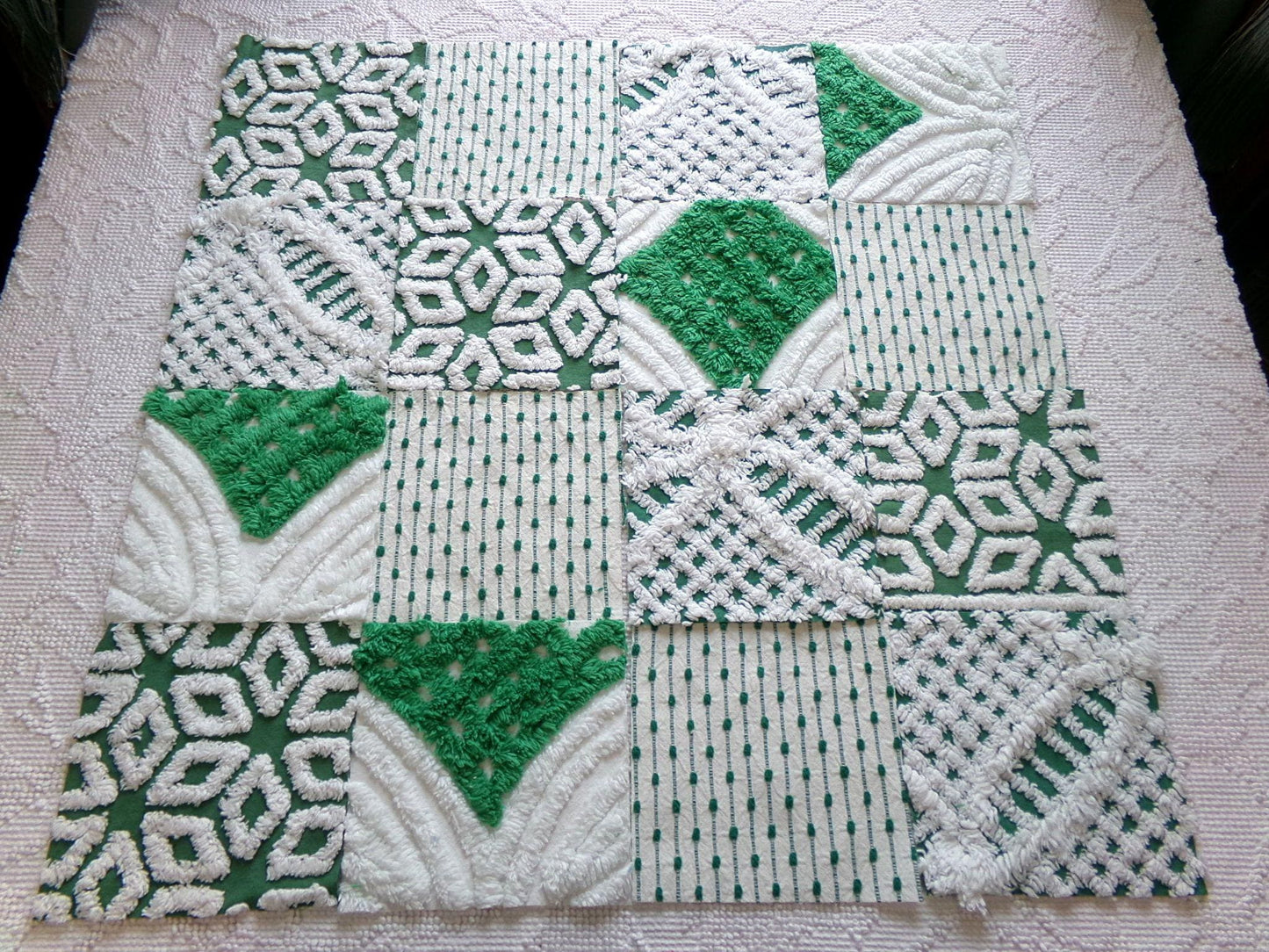 preppy green chenille fabric squares, set of 16 vintage 6" craft blocks, geometric designs for quilt inlays, pillows, fiber arts
