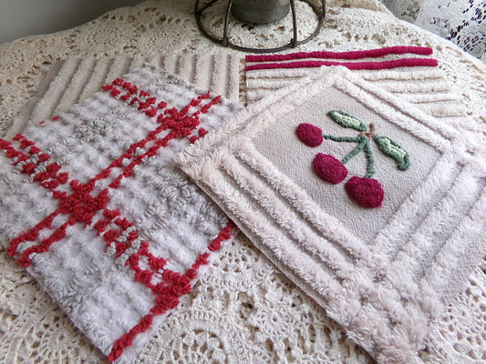 cheery cherry chenille quilt squares, 7.5" vintage fabric blocks, set of 8 in grey, white, maroon