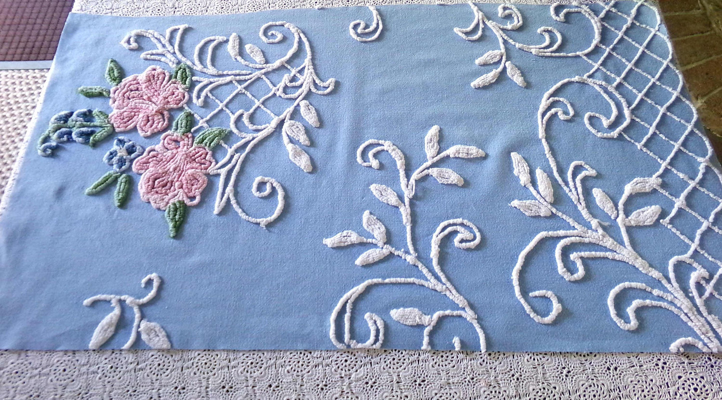Most Beautiful Old Rose Vintage Chenille Fabric, 17.5" x 32" inch Piece, White Trellis & Scrollwork on Sky Blue Cotton, for Quilts, Pillows