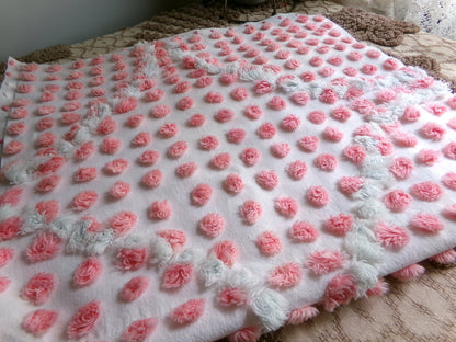 Precious Pink Pops Vintage Chenille Fabric, 15" x 28" Inch Piece, 100% Cotton, Antique Handtufted Plush Flower, Great for DIY Pillows