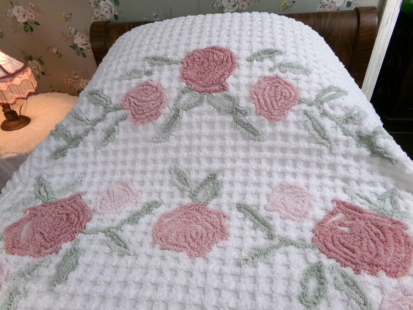 luxurious plush tufted chenille bedspread, muted natural roses, thick white grids, swags & accent fringe, vintage twin size cottage bedding