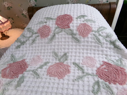 luxurious plush tufted chenille bedspread, muted natural roses, thick white grids, swags & accent fringe, vintage twin size cottage bedding