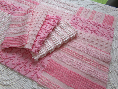 partytime pinks vintage chenille fabric squares, set of 16 fun 6" quilt blocks for quilting, sewing, crafts