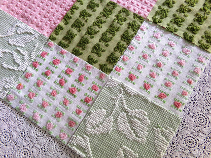 Olive & Ombre Rose Chenille Fabric Squares Set, Old Fashioned 16 Vintage Quilt Blocks, 6" x 6" inches each, for Quilting, Sewing, Pillows