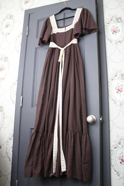 Vintage Boho Brown Prairie Dress, 1970s Long Maxi Length Gown, XS Jr Sz 11, Act I