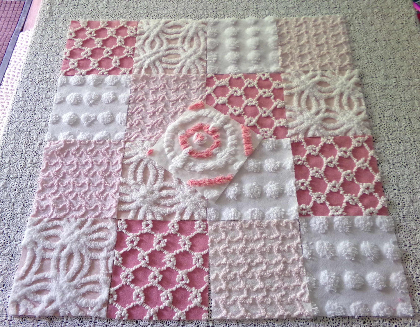 Spunky Pink Quilt Squares Set from Vintage Chenille Bedspread Fabric, 17 Blocks, 6" x 6" inch