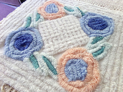 Pretty Vintage Chenille Fabric in Two Tone Blue & Iced Peach Roses on White, 13" x 30" inch Piece, Ideal for DIY Pillow Covers