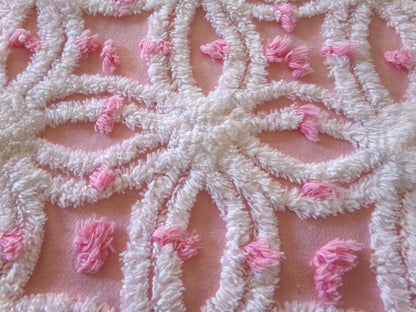 perfectly pink chenille fabric, white tufted wedding rings & sprinkle pops, 18" x 24" inch piece cut from vintage chenille bedspread