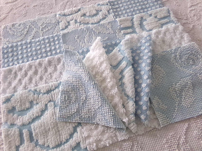 seaside chill chenille fabric squares, 16 vintage blue & white quilt blocks 6" x 6" inch, for pillows, quilting, crafts