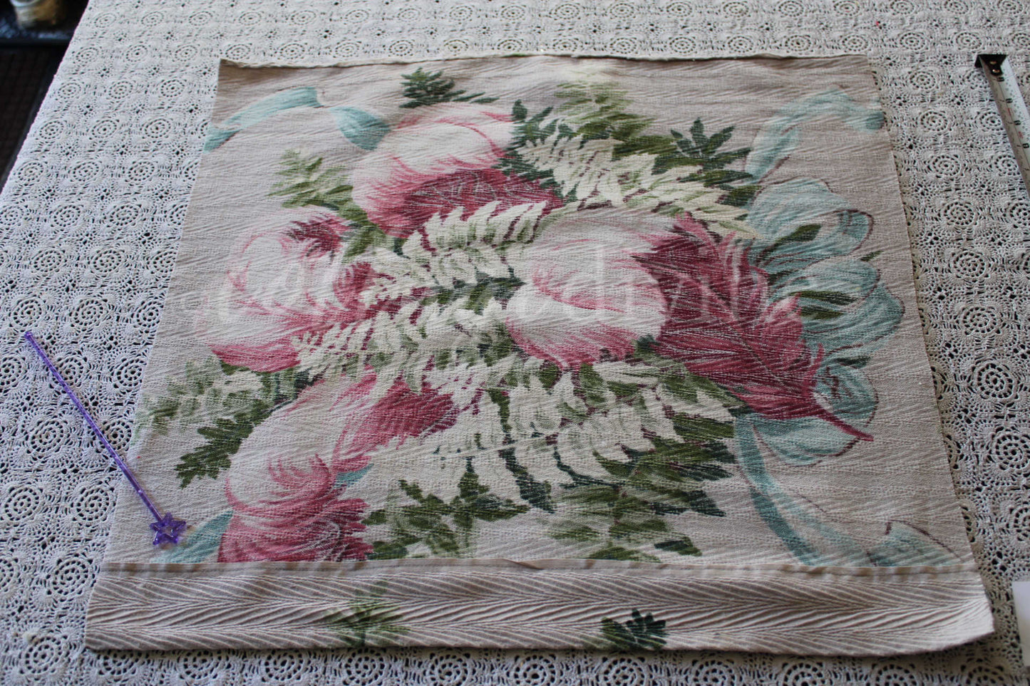 Divine Feathery Pink Plume Vintage Barkcloth Fabric, 19" x 19" inch Piece, Botanical Floral Print on Cool Grey, Great for DIY Pillows