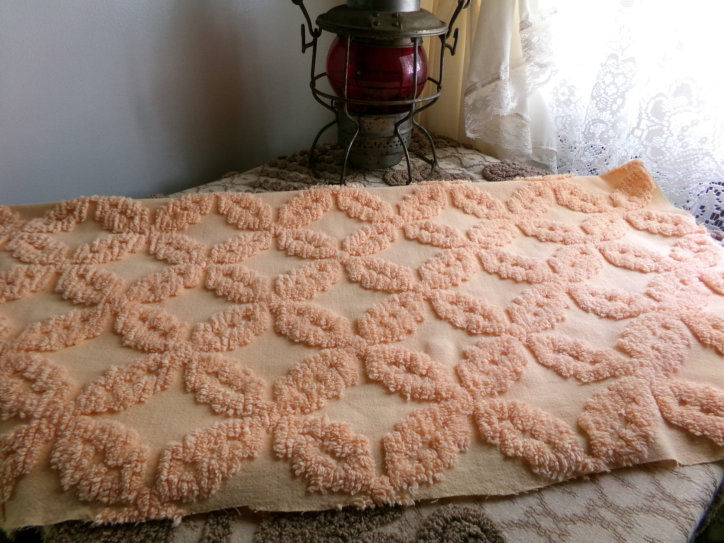 Peach Petals Vintage Chenille Quilt Fabric, 25" x 24" inch Piece, Raised Geometric Floral Pattern