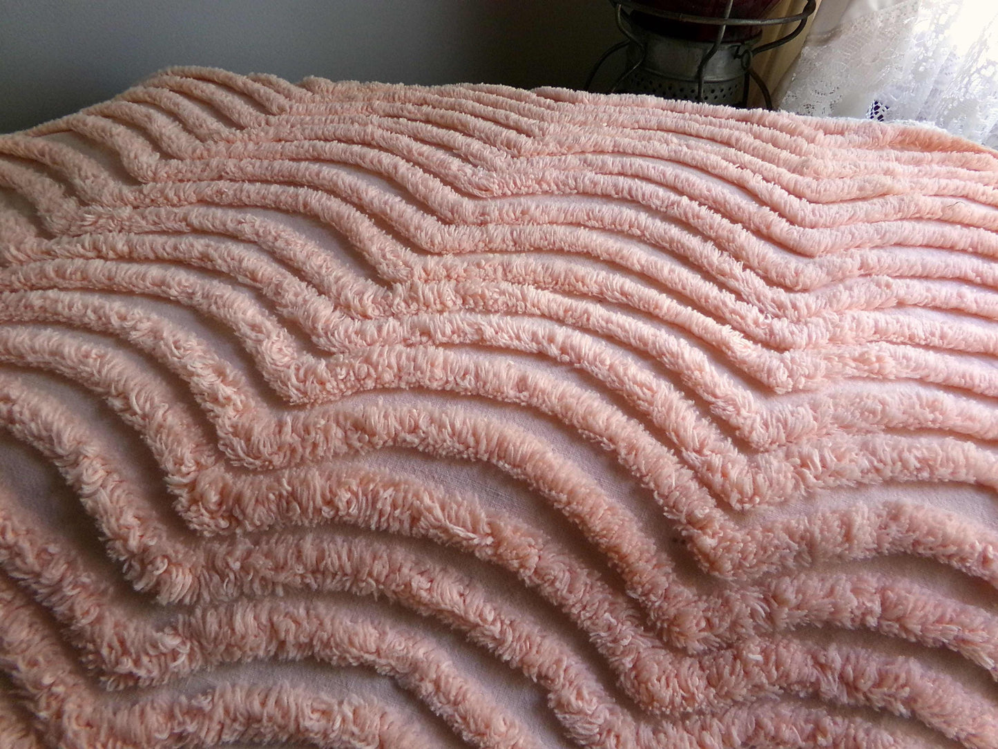 Fluffy Peach Waves Vintage Chenille Fabric, 17" x 24" inch Piece, Plush Ripple Pattern for Quilts, Pillows, Crafts & Sewing