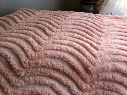 Fluffy Peach Waves Vintage Chenille Fabric, 17" x 24" inch Piece, Plush Ripple Pattern for Quilts, Pillows, Crafts & Sewing