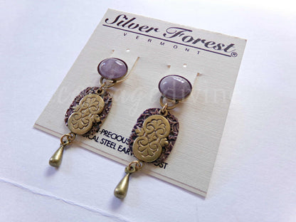 Amethyst Ivy Pierced Dangle Earrings, Artsy Boho Vintage Style Silver Forest Vermont Design, Semi-Precious Stones