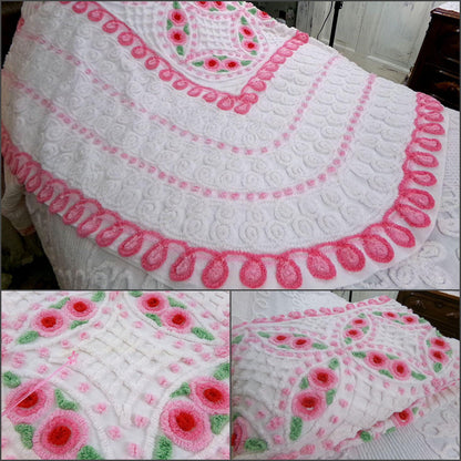 shabby romantic roses vintage chenille bedspread, lush pink & white swirl curlicues, twin size cotton coverlet