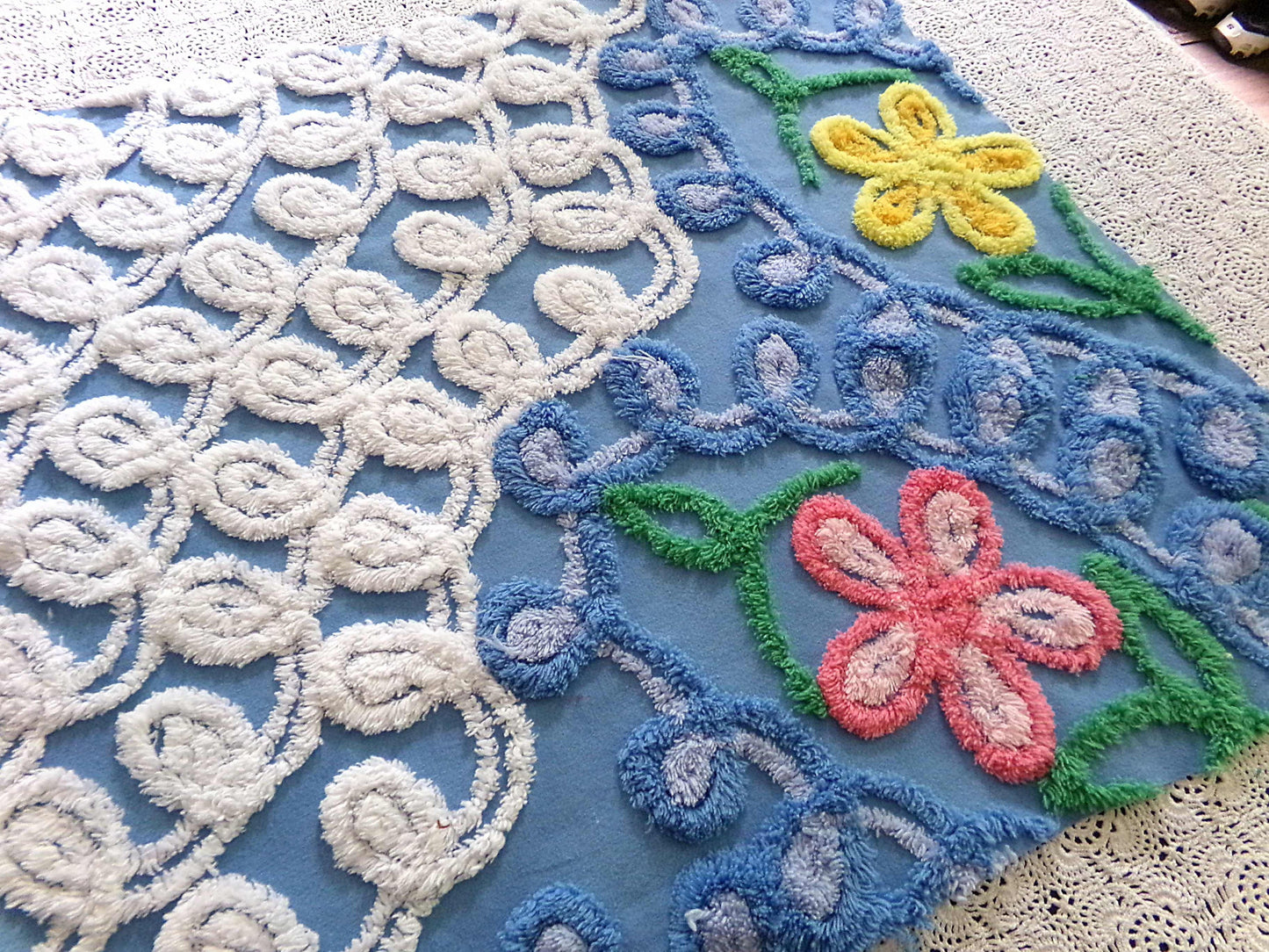 Teardrop Blue Floral Vintage Chenille Fabric, 20" x 21" Inch Piece, Great for Pillow Cover